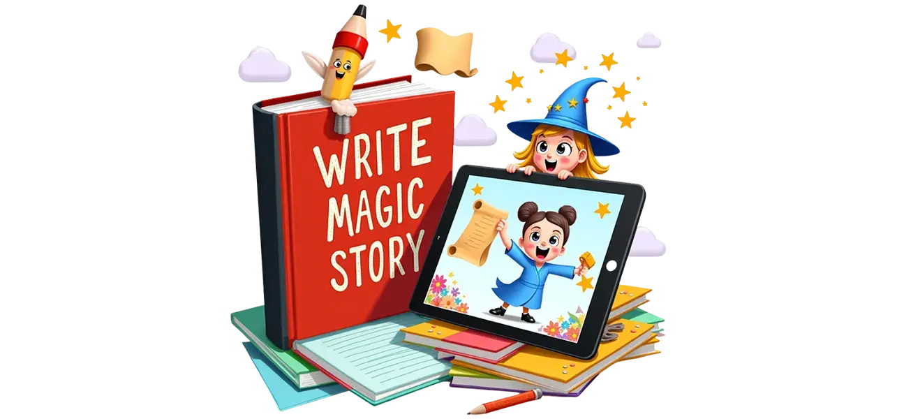 A colorful children's book with illustrations beside a tablet showing a virtual coaching session.